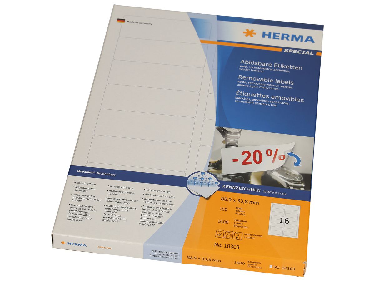 HERMA Etichette 88.9x 33.8mm 10303 bianco 1600 pezzi, 100 fogli (4008705103039)