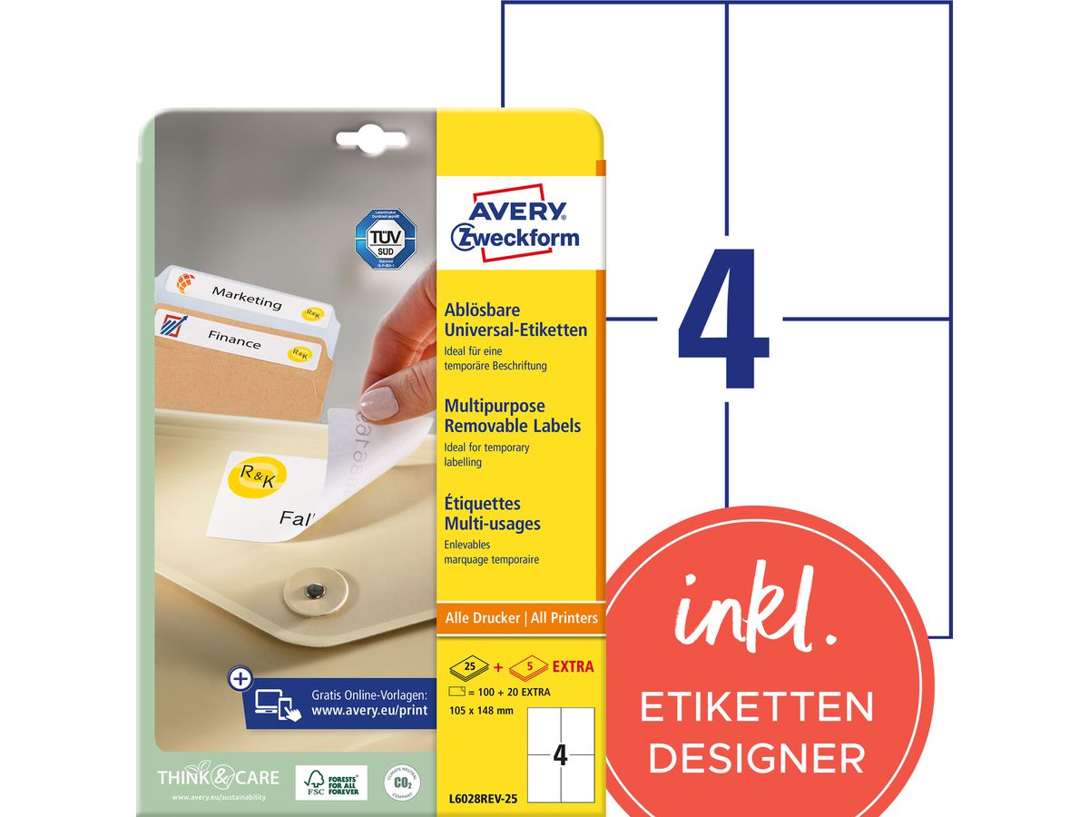 AVERY ZWECKFORM Etichette universale 105x148mm L6028REV-25 bianco 30 fogli (4004182347973)