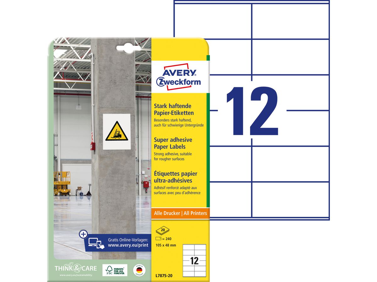 AVERY ZWECKFORM Etiquettes Univ. 105x48mm L7875-20 blanc, strong 20 feuilles (4004182070079)