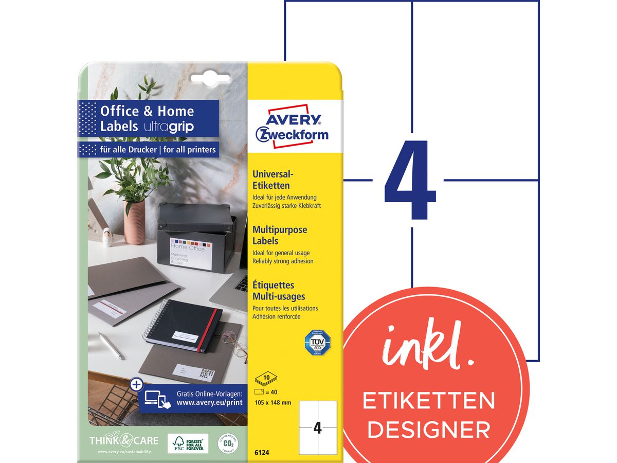 AVERY ZWECKFORM Etiquettes 105x148mm 6124 blanc 40 pcs./10 flls. (4004182061244)