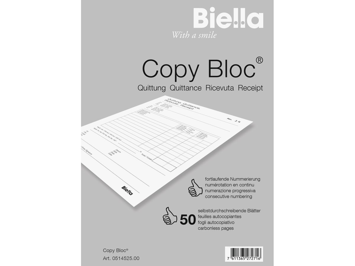 BIELLA Ricevute COPY-BLOC D/F/I/E A5 51452500U autocopiativo 50x2 fogli (7611365272716)