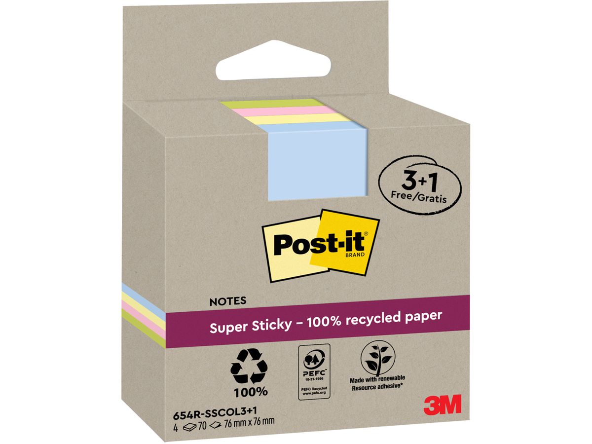POST-IT SuperSticky Notes 76x76mm 654 RSSCOL 3+1F Recycling,assort. 4x70 flls. (4064035060251)