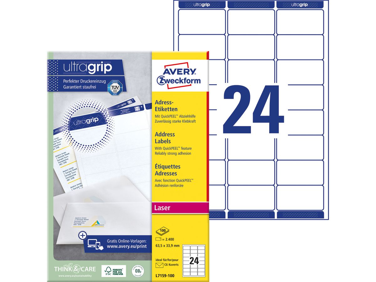 AVERY ZWECKFORM Etiquettes adress. 63,5x33,9mm L7159-100 blanc 2400 pcs./100 flls. (4004182471593)