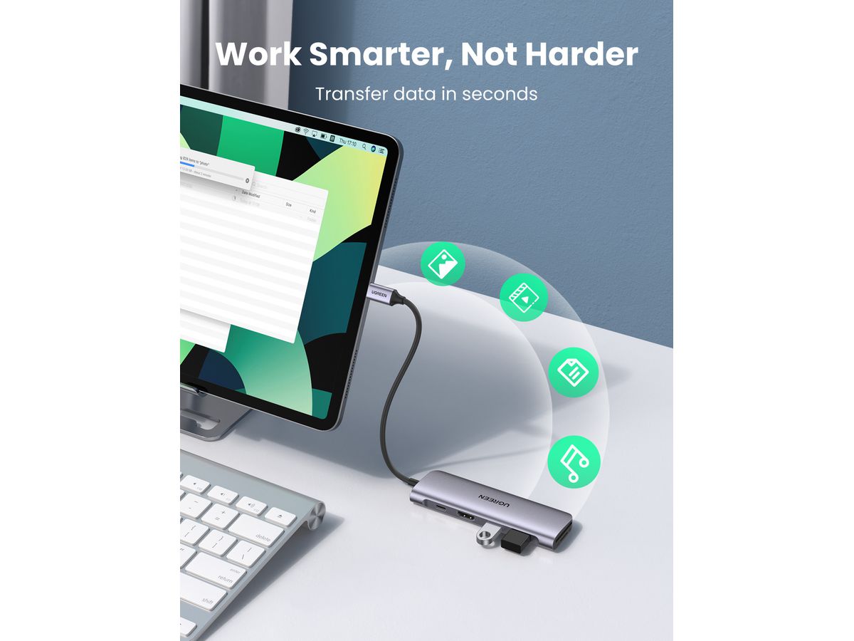 UGREEN USB-C Hub 6in1, Silver 70411 HDMI,2xUSB-A,SD TF,USB-C PD (6957303874118)