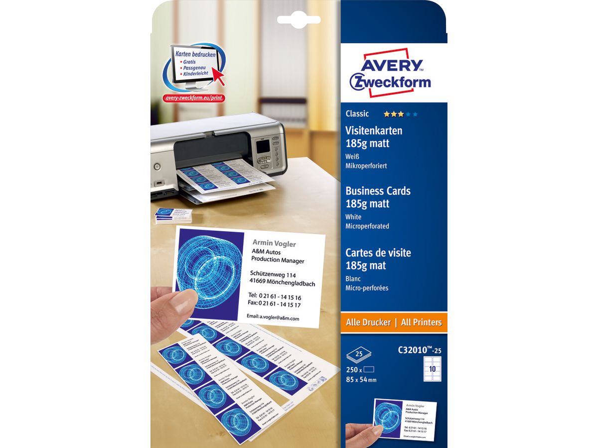 AVERY ZWECKFORM Biglietti da visita 85x54mm C32010-25 MP, in bianco, 185g 250 pezzi (4004182242643)
