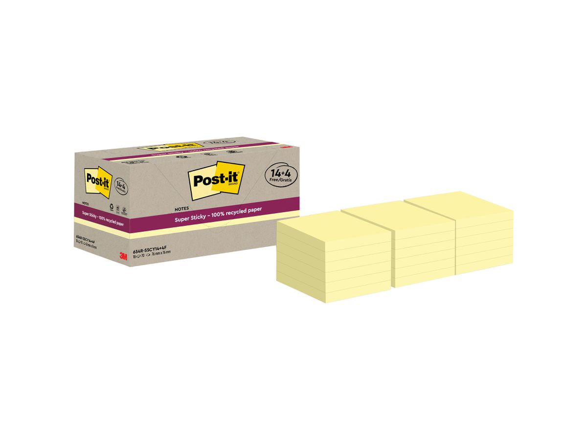 POST-IT SuperSticky Notes 76x76mm 654 RSSCY 14+4F Recycling, giallo 18x70 fogli (4064035060893)