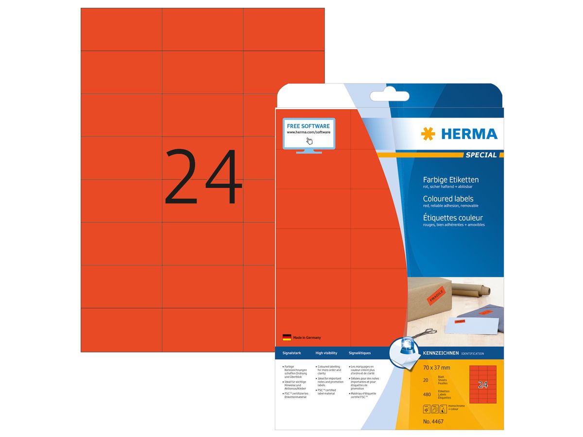 HERMA Etich. universali 70x37mm 4467 rosso 480 pz./20 fl. (4008705044677)