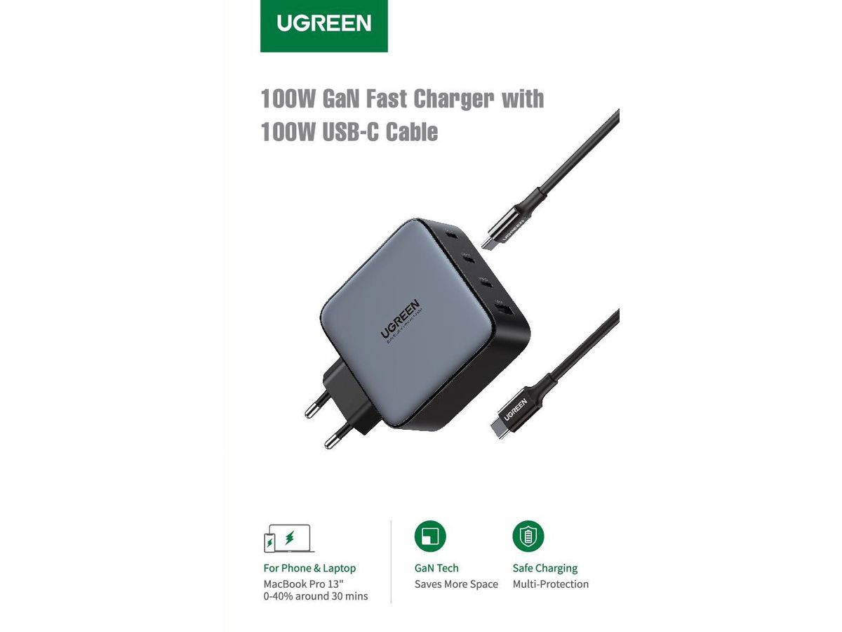 UGREEN USB Charger 100W 4-Port set 90575 PD GaN 3xUSB-C,1xUSB-A&cable (6957303895755)