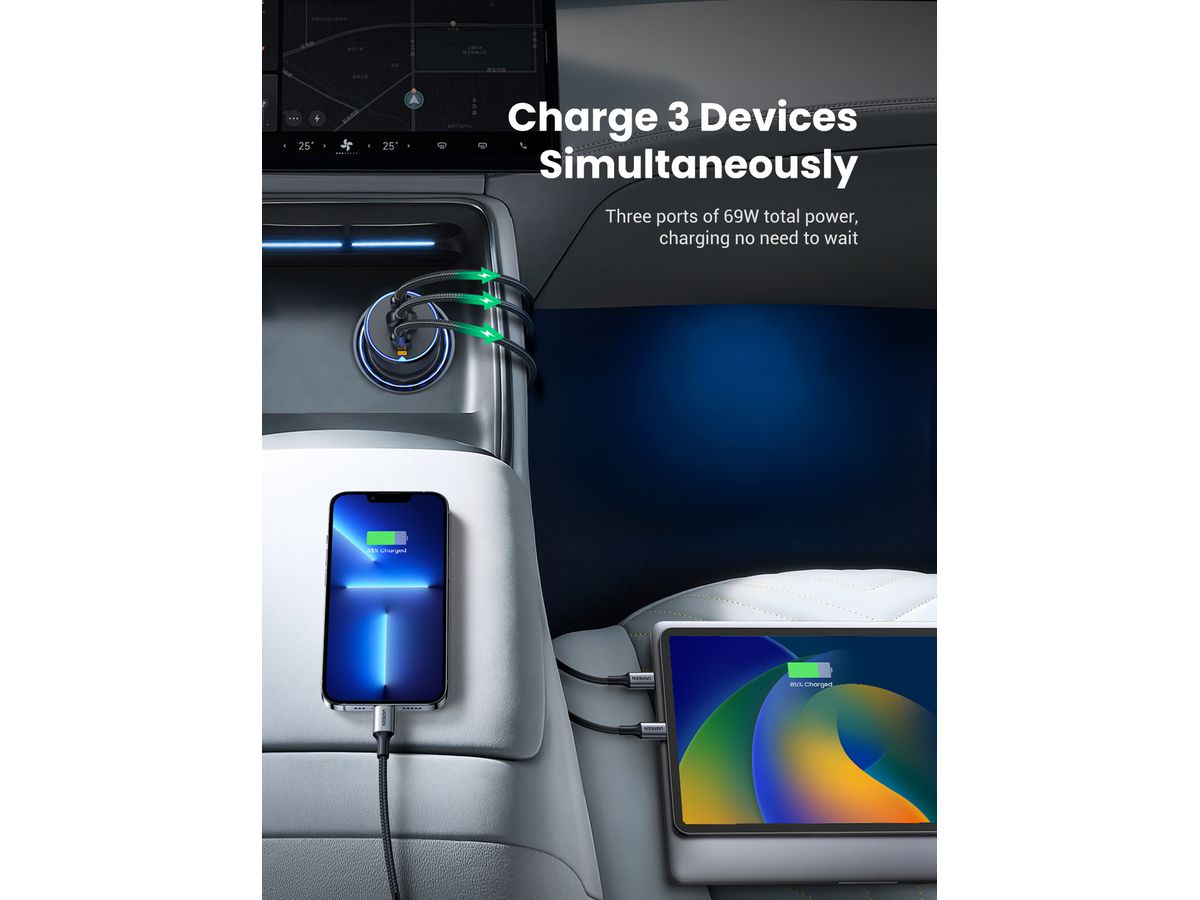 UGREEN Fast Car Charger 75W 3-Port 35024 2x USB-C, 1x USB-A (6941876230242)