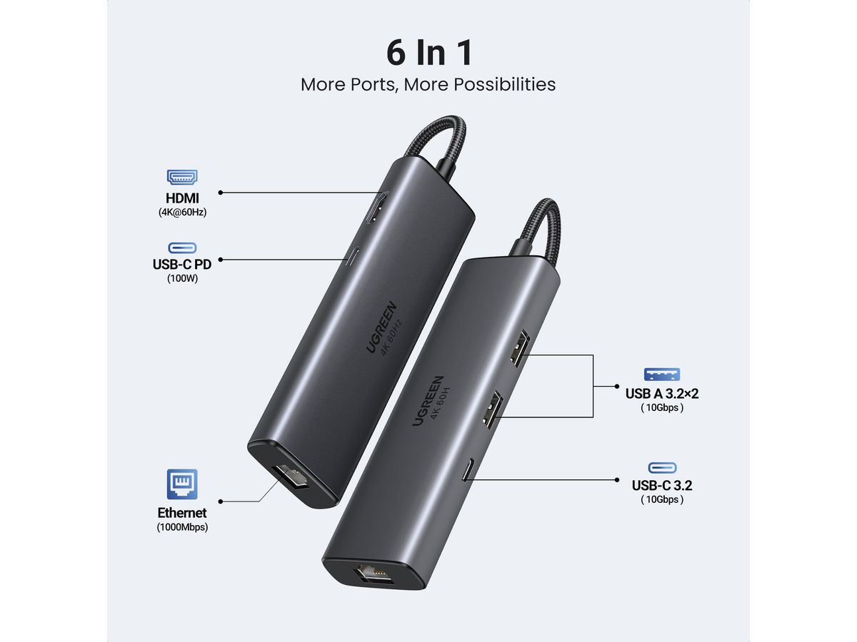 UGREEN HUB 6-in-1 USB-C 100W 45000 (6941876240005)