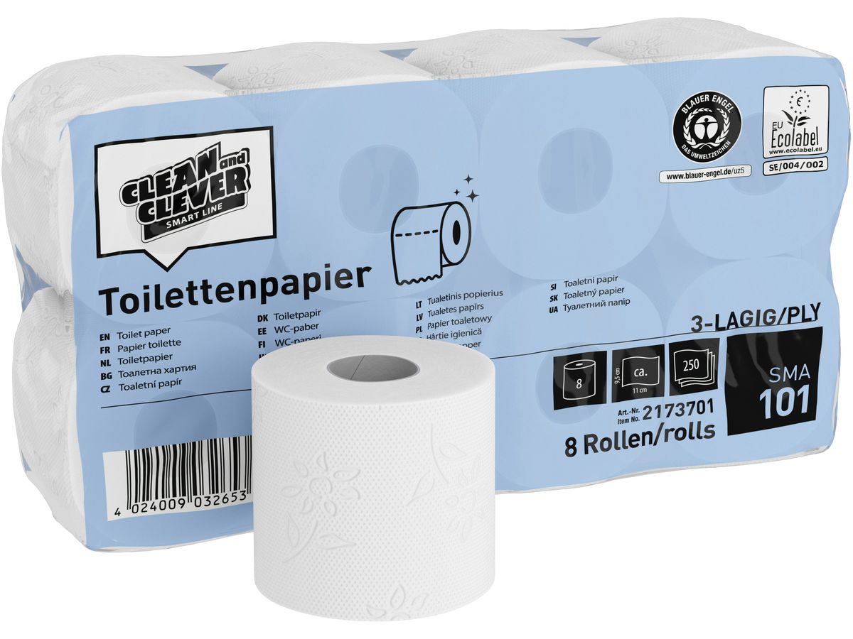 CLEAN AND CLEVER WC-Papier 3-lagig 9.4x11cm P32660 weiss recycling 64 Rl.,250 Bl. (4024009032660)