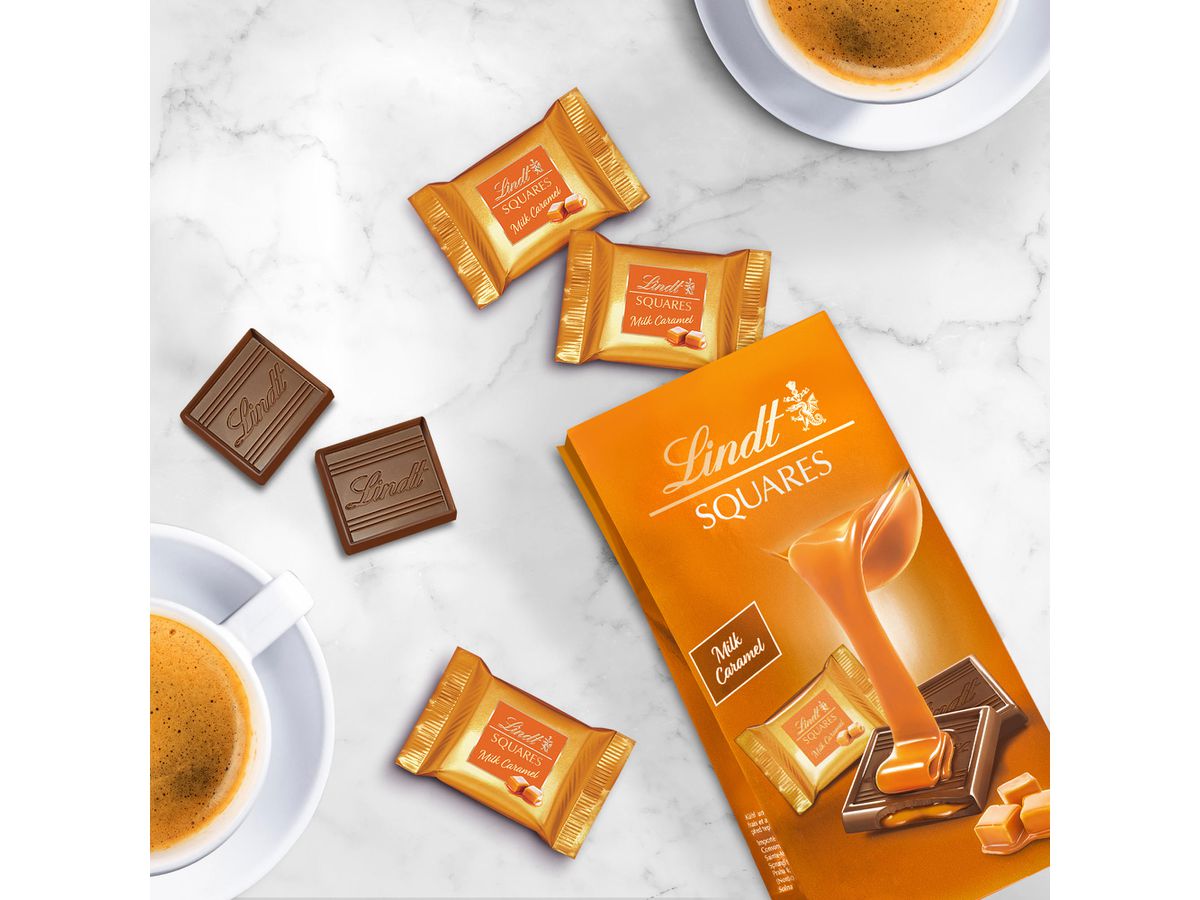LINDT Squares Pralinés Milk-Caramel 461170 Display da banco 750g (7610400611695)