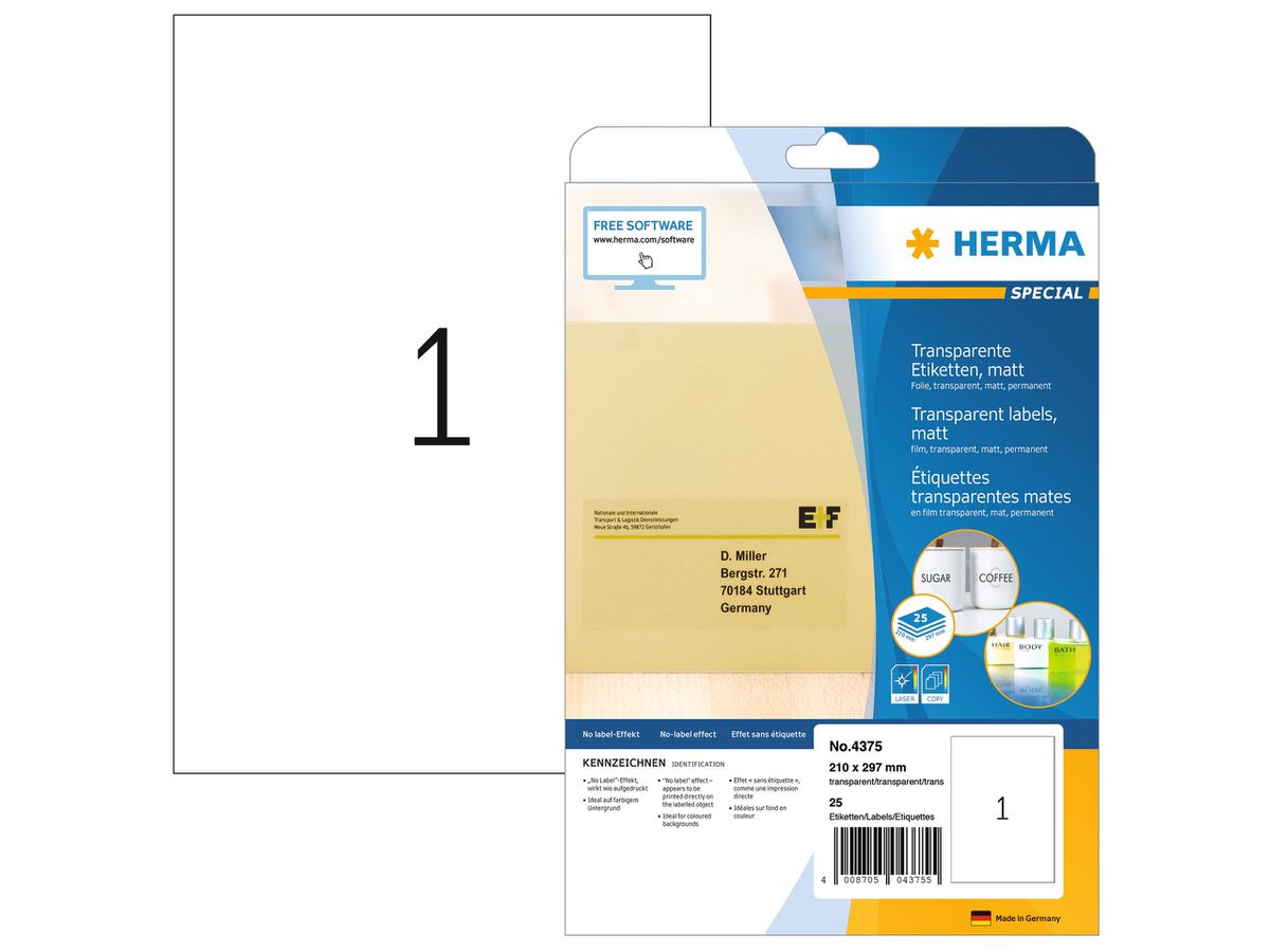 HERMA Folienetiketten 210x297mm 4375 transparent 25 St./25 Blatt (4008705043755)