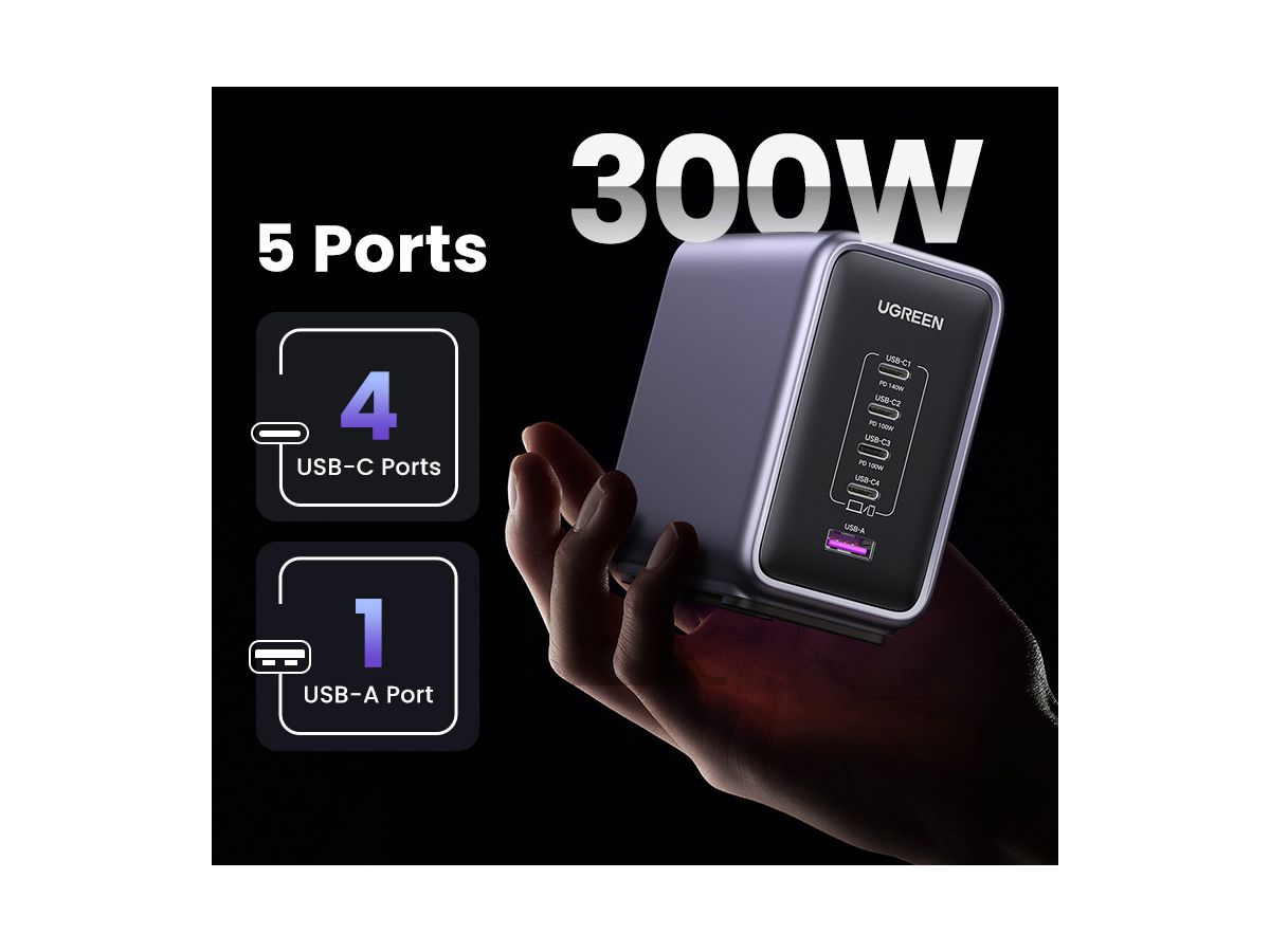 UGREEN USB Desktop Charger Nexode 90903B 300W, 5-Port,PD,GaN (6941876221820)