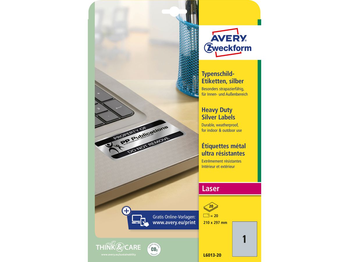 AVERY ZWECKFORM Typenschild-Labels 210x297mm L6013-20 silber,Laser 20 St./20 Blatt (4004182060131)