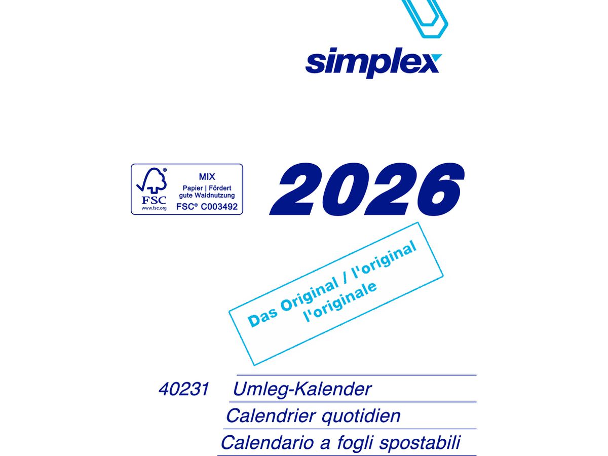 SIMPLEX Calendrier 2026 40231.26 pour cal. Pupitre 12.1x17.3cm (7611468041257)