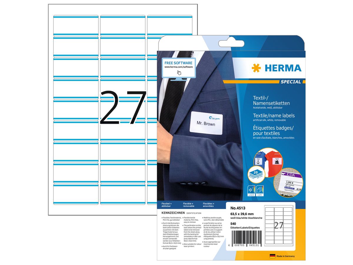 HERMA Namensetiketten 63,5x29,6mm 4513 weiss 540 Stk./20 Bl. (4008705045131)