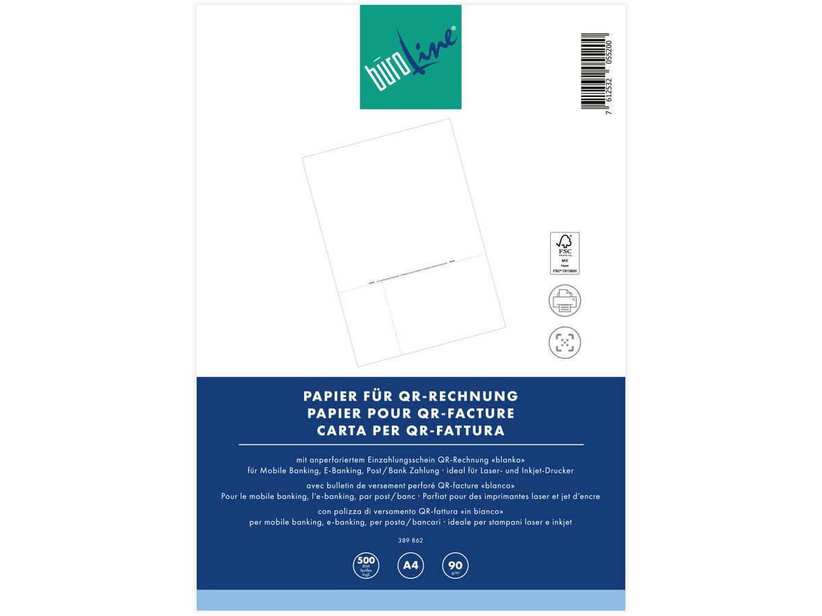 BÜROLINE Bulletin de vers. QR-facture 389862 90g, perforé/ blanco 500 pcs. (7612532055200)