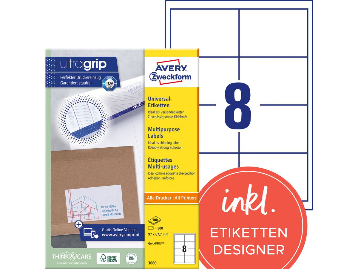 AVERY ZWECKFORM Etichette 97×67,7mm 3660 bianco 800 pz./100 fogli (4004182036600)