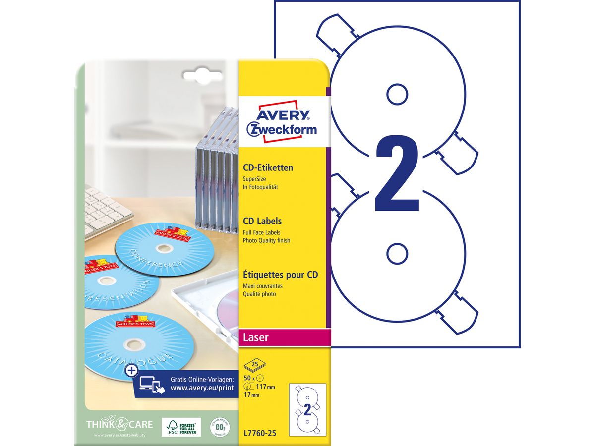 AVERY ZWECKFORM CD-Etiketten Supersize 117mm L7760-25 weiss, glossy 50 Stück (4004182233825)
