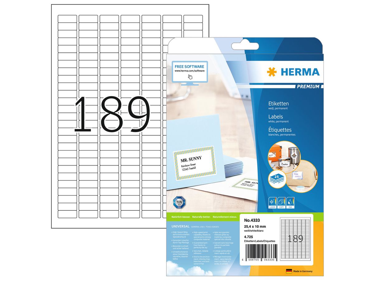 HERMA Etiketten PREMIUM 25.4x10mm 4333 weiss,perm. 4725 St./25 Bl. (4008705043335)