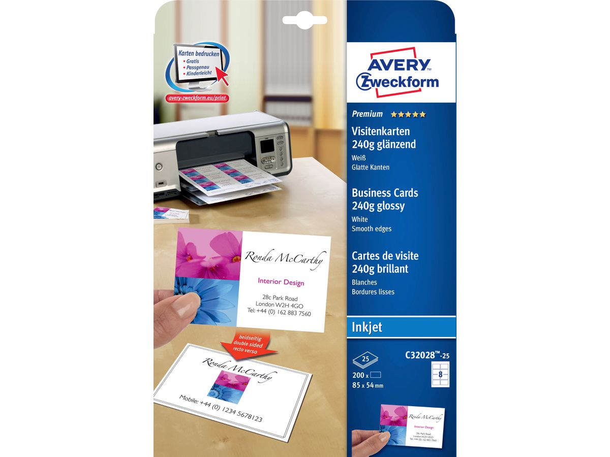 AVERY ZWECKFORM Biglietti da visita 85x54mm/A4 C32028-25 bianco, glossy, 250g 200 pezzi (4004182242773)