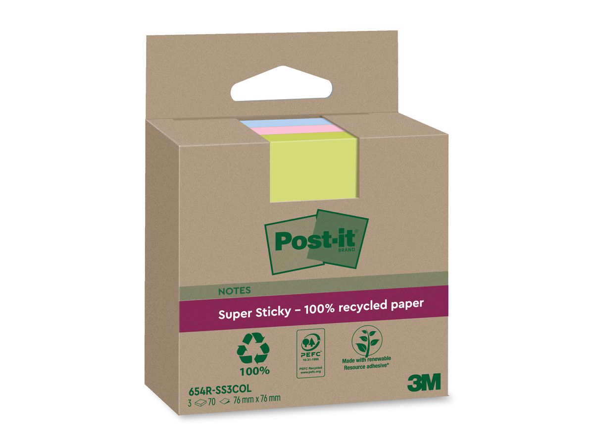 POST-IT SuperSticky Notes 76x76mm 654 RSS3COL Recycling,assort. 3x70 Blatt (4064035060169)