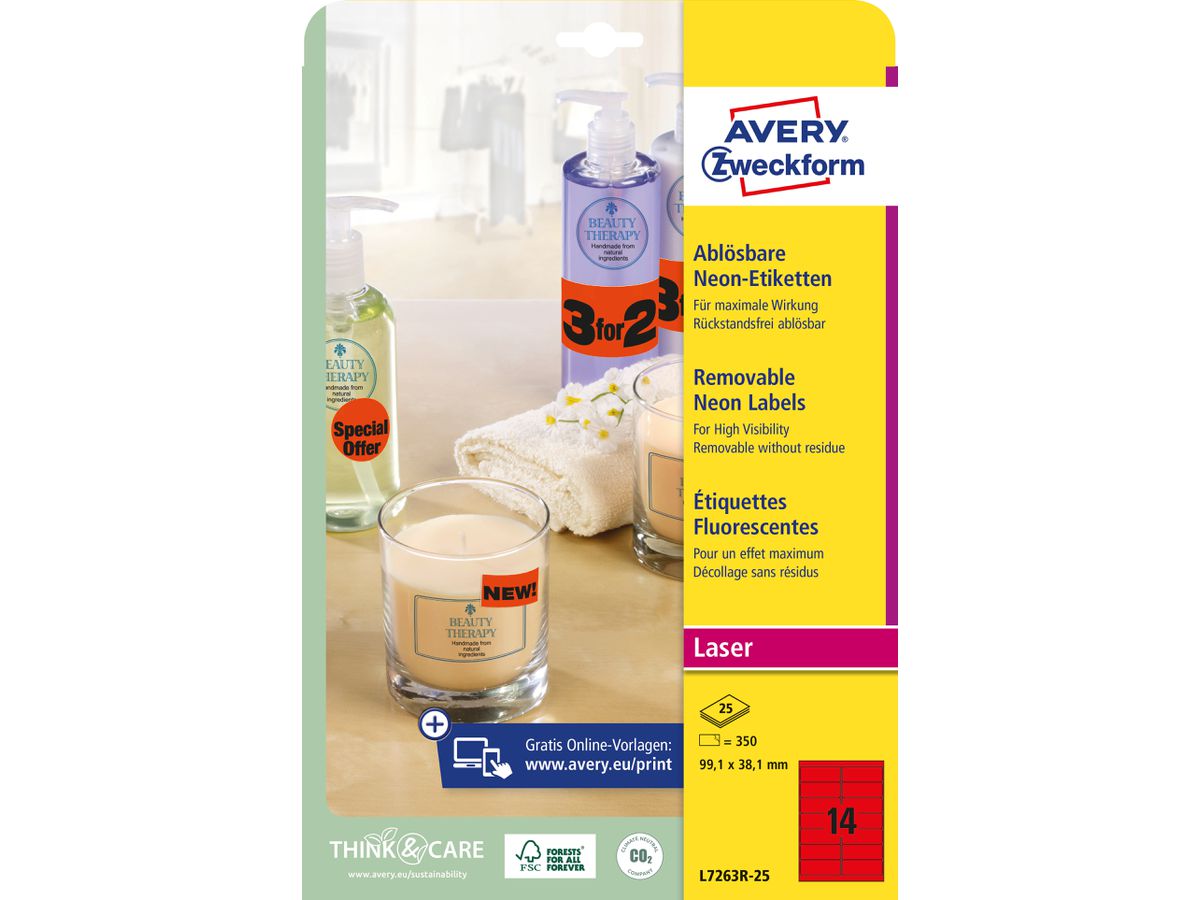 AVERY ZWECKFORM Etichette 99,1x38,1mm L7263R-25 rosso 350 pezzi (4004182608425)