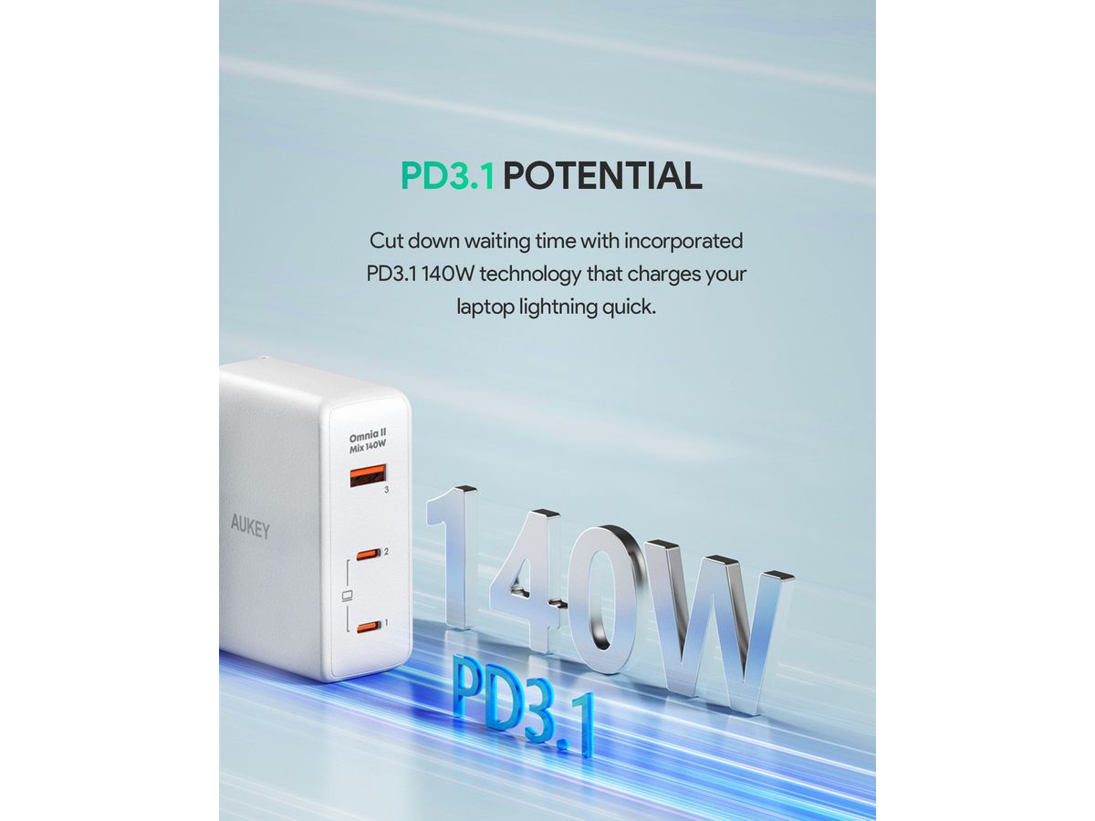 AUKEY OmniaMix II 140W GaN PD PA-B7O WH 3-Port, Wall charger White (0689323785797)