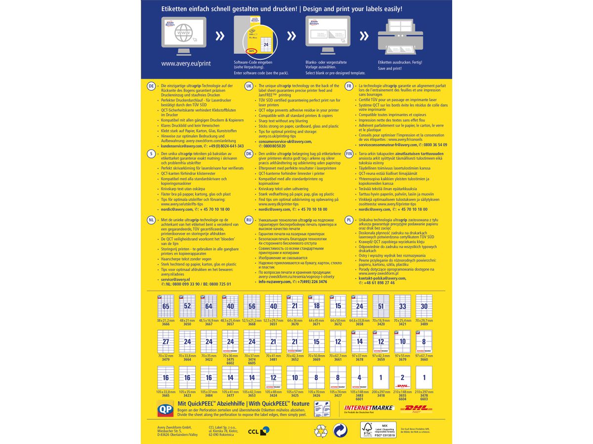 AVERY ZWECKFORM Universal-Etiketten 485x254mm 4780-65 weiss 50+15 Blatt (4004182347805)