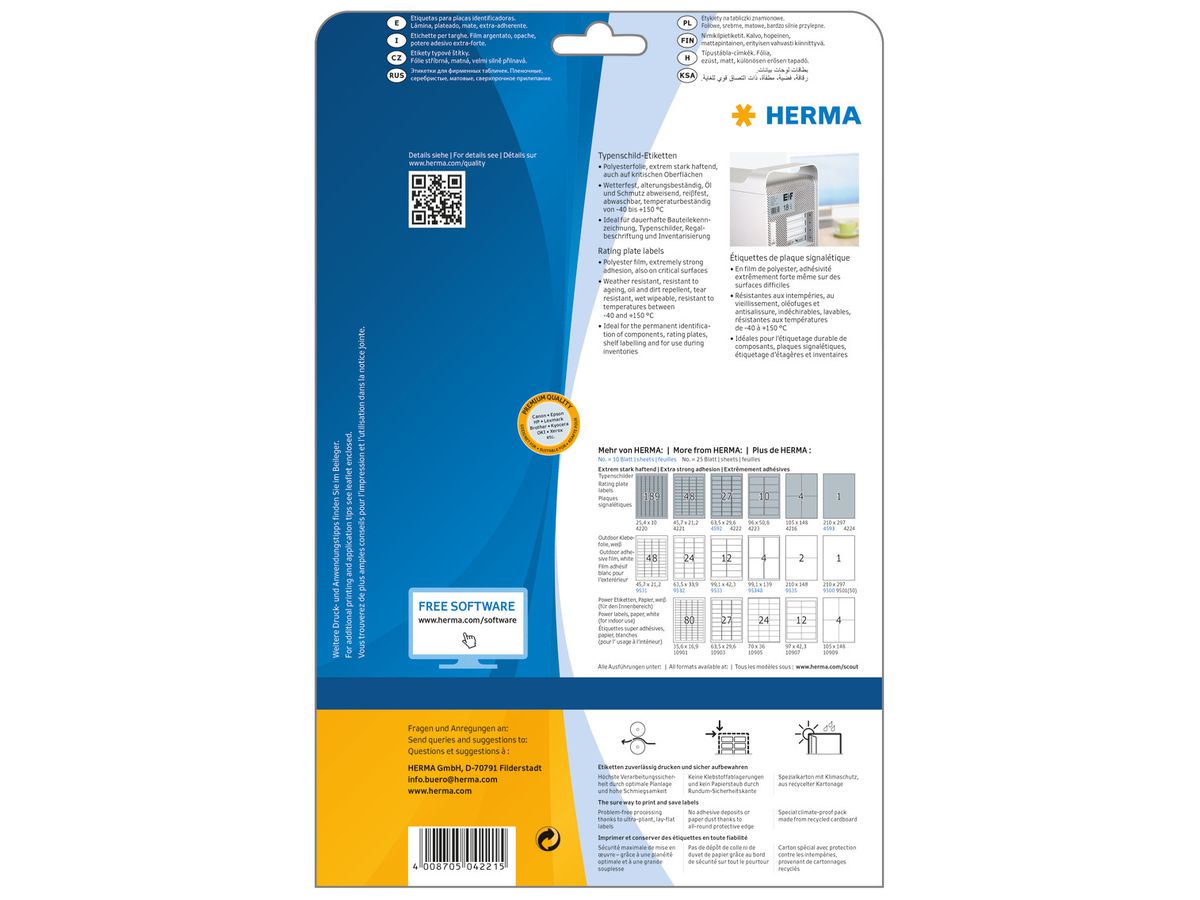 HERMA Étiquettes SPECIAL 45.7x21.2mm 4221 argent,ex.perm. 1200pcs./25fl. (4008705042215)