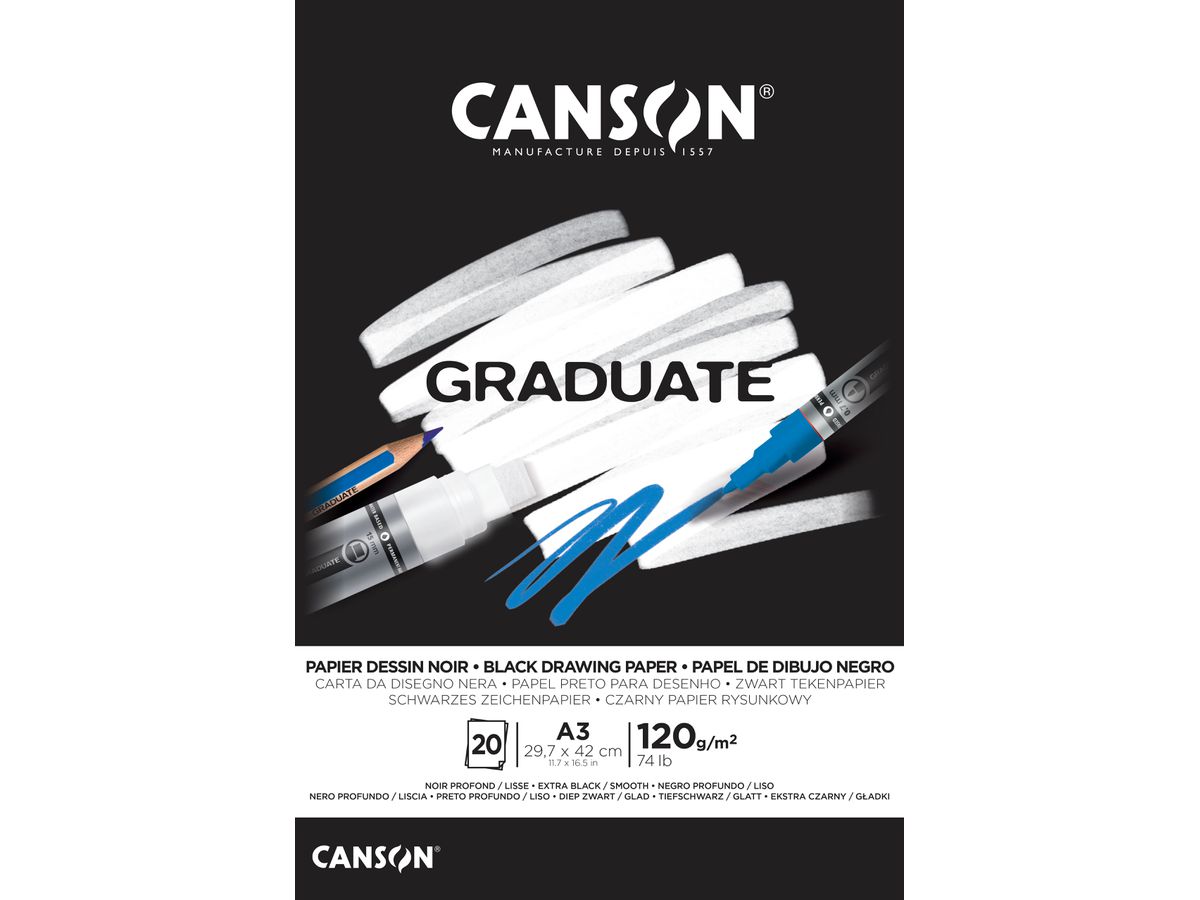 CANSON Graduate Zeichenpapier A3 400110387 20 Blatt, schwarz, 120g (3148950021335)