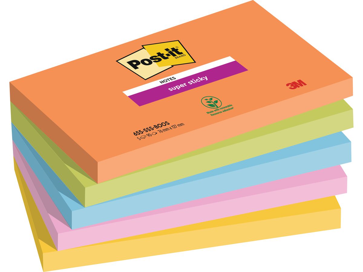 POST-IT Super Sticky Notes 127x76mm 655-5SS-BOOS 5 colori 5x90 fogli (4054596924345)