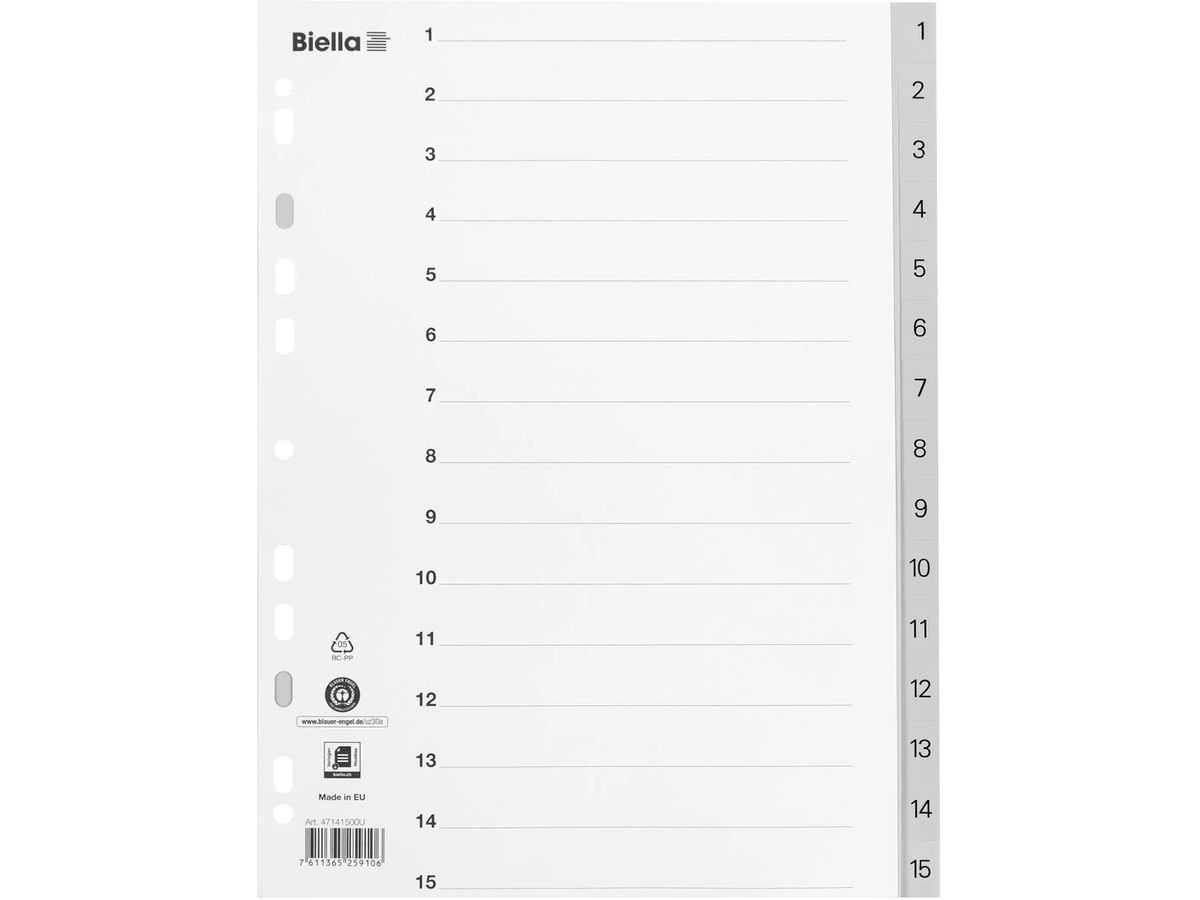BIELLA Register PP A4 47141500U grau 1-15 (7611365259106)
