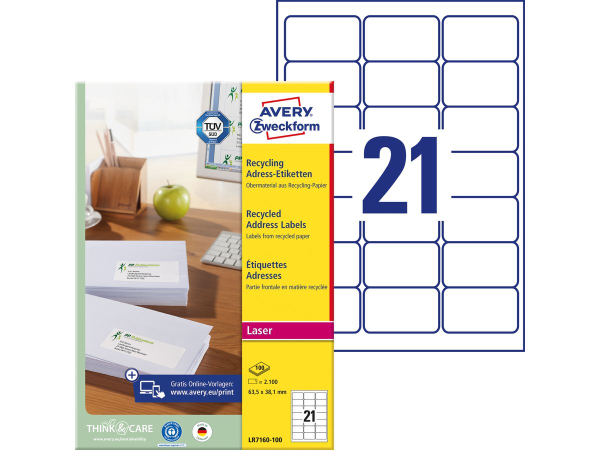 AVERY ZWECKFORM Etiquettes adress. 63,5x38,1mm LR7160100 recycling 2100 pcs. (4004182651605)