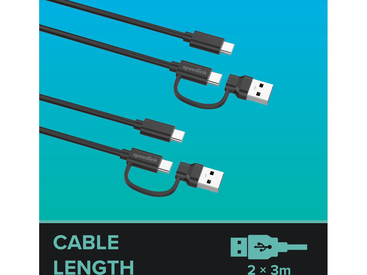 SPEEDLINK STREAM Play&Charge Cable Set SL-460101-BK USB-C,A to USB-C,Black (4027301690996)