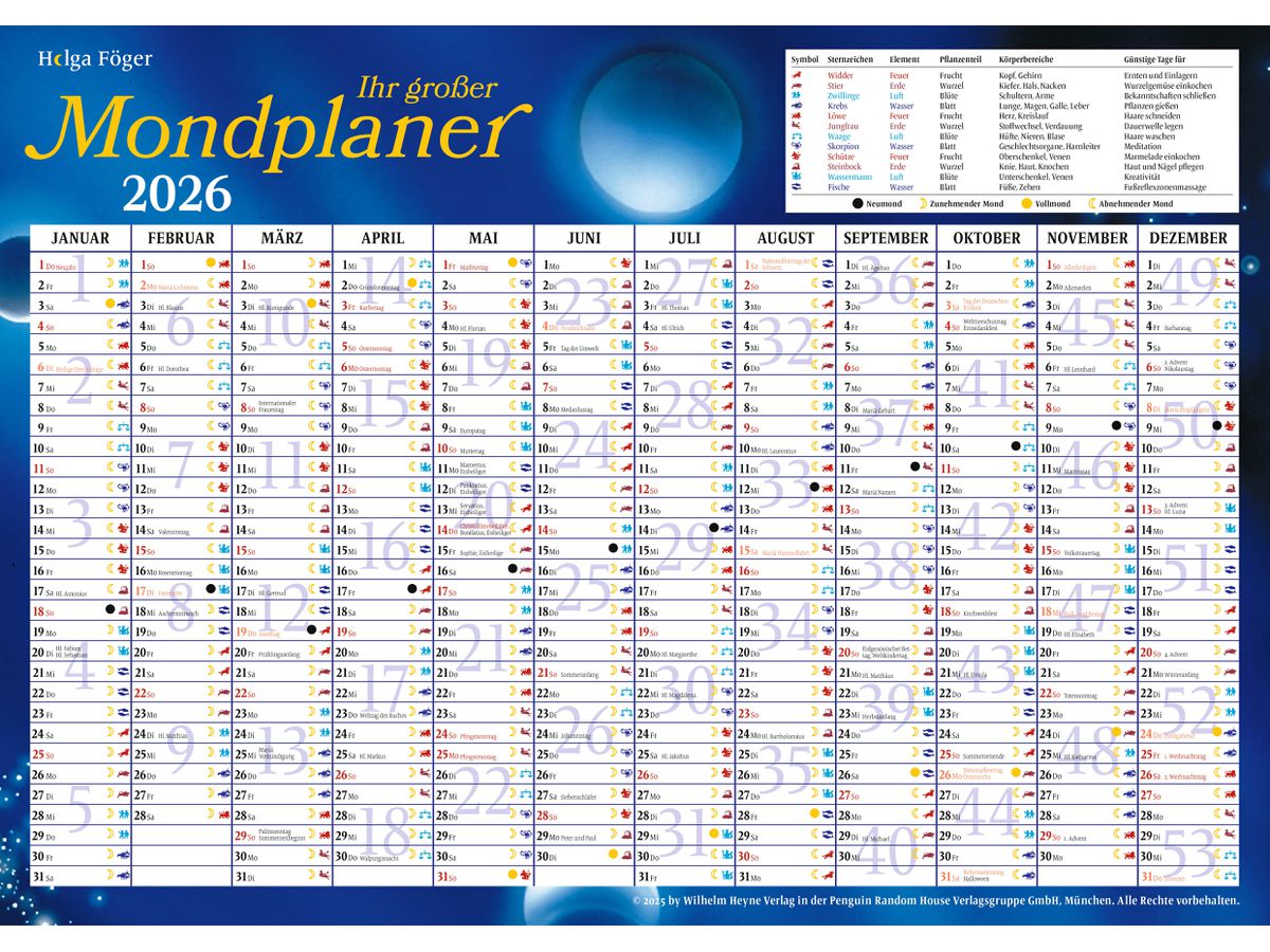 HEYNE Der grosse Mondkalender 2026 9783453239654 1T/1S DE 17x24cm (9783453239654)