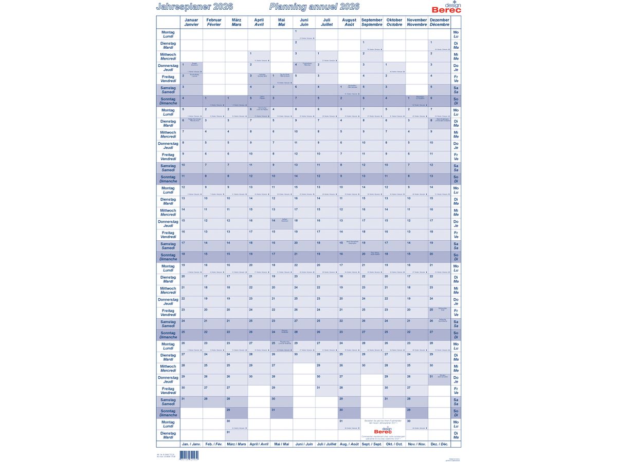 BEREC Jahresplaner hoch 2026 B 5668 TF/26 1J/1S blau plastifiz. 90x60cm (7640106624439)