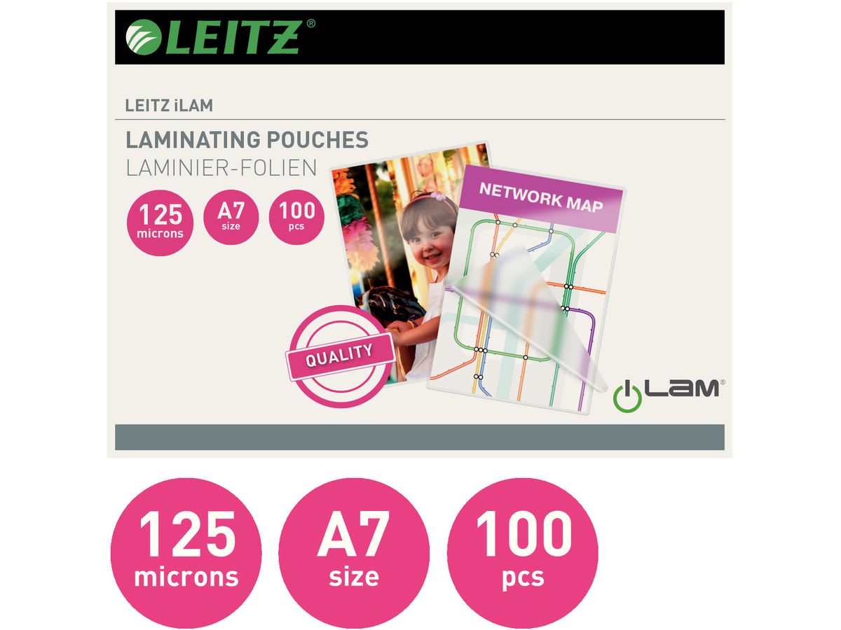 LEITZ Pochettes à plastifier A7 33805 brillant, 125my 100 pcs. (5411313338059)