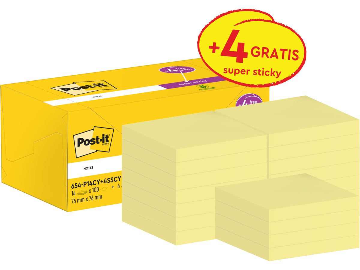 POST-IT Notes Promo Pack 77x76mm 654P14CY+ canary yellow 14+4 (4054596430358)