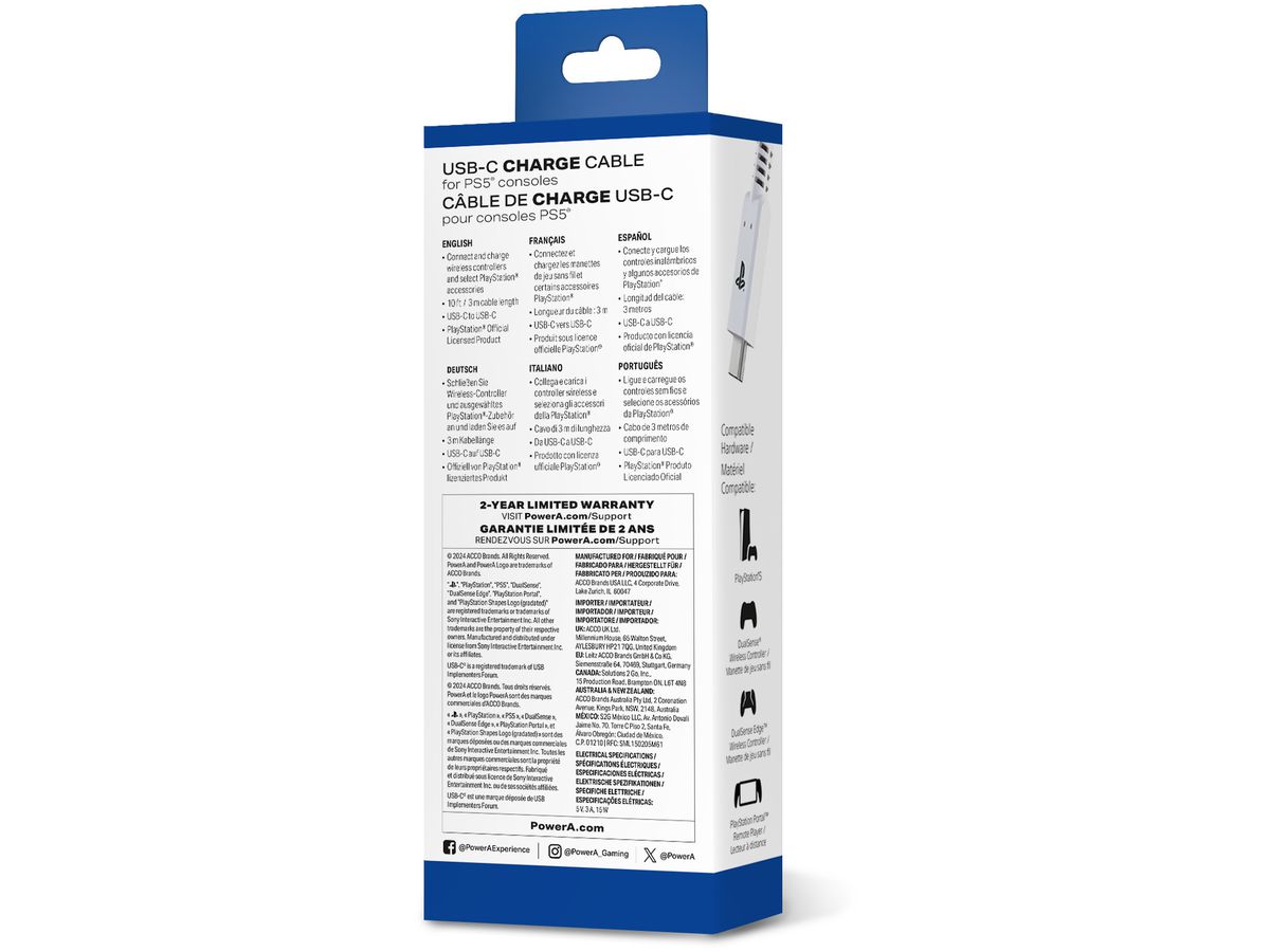 POWER A Charging Cable for PS5 PSAC0372-01 USB-C to USB-C (0617885107818)