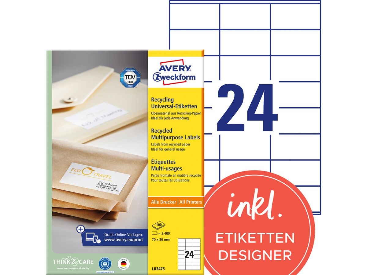 AVERY ZWECKFORM Etiquettes 70x36mm LR3475 recycling 2400 pcs. (4004182035399)
