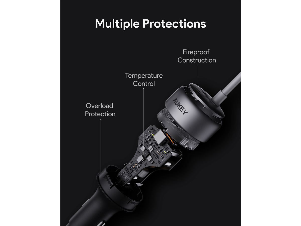 AUKEY Pathfinder Sling Car Char. CC-P2 2-Port,USB-A&C,Buit-in-Cable (0689323788149)