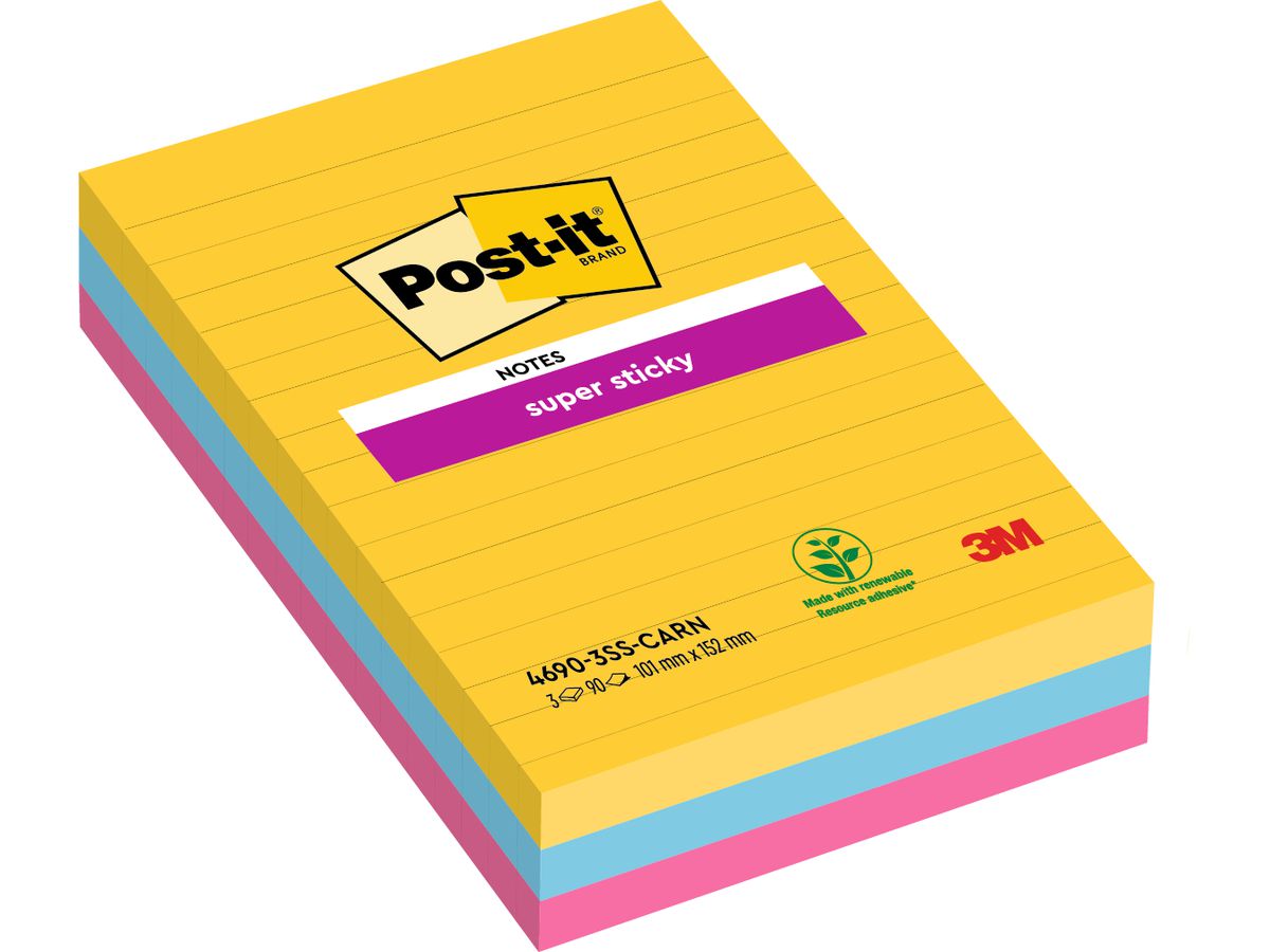POST-IT SuperSticky Carnival 152x101mm 46903SSCA 3 couleurs, ligné 3x90 flls. (0051141998848)