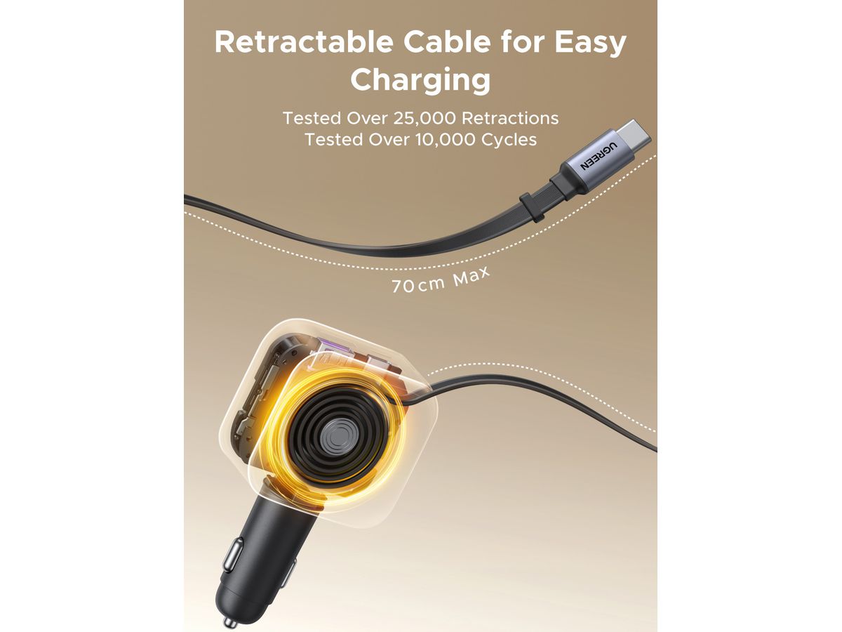 UGREEN Fast Car Charger 2-Port 90W 55909B Retractable Cable (6941876271399)