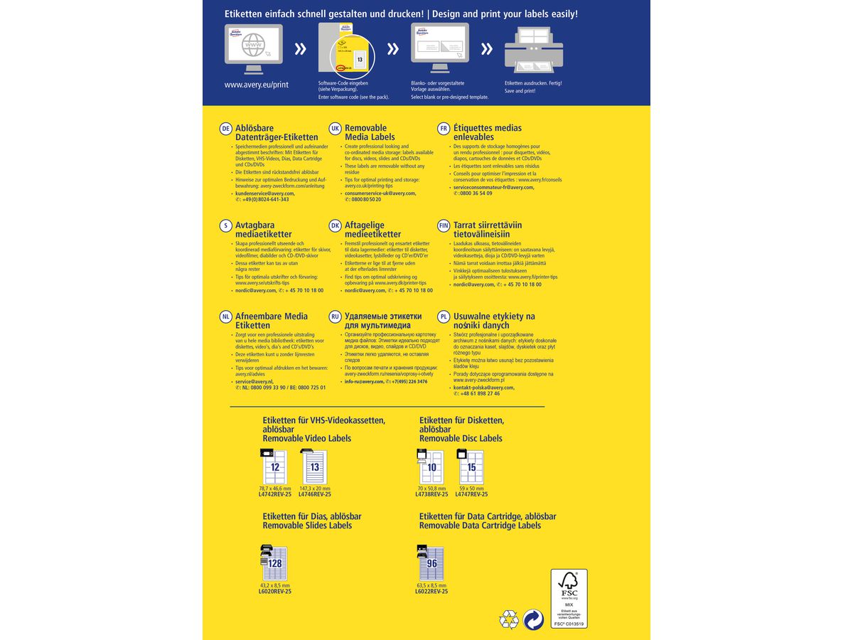 AVERY ZWECKFORM Etiquettes 63,5x8,5mm L6022REV2 Data Cartridge 2400 pcs. (4004182060223)