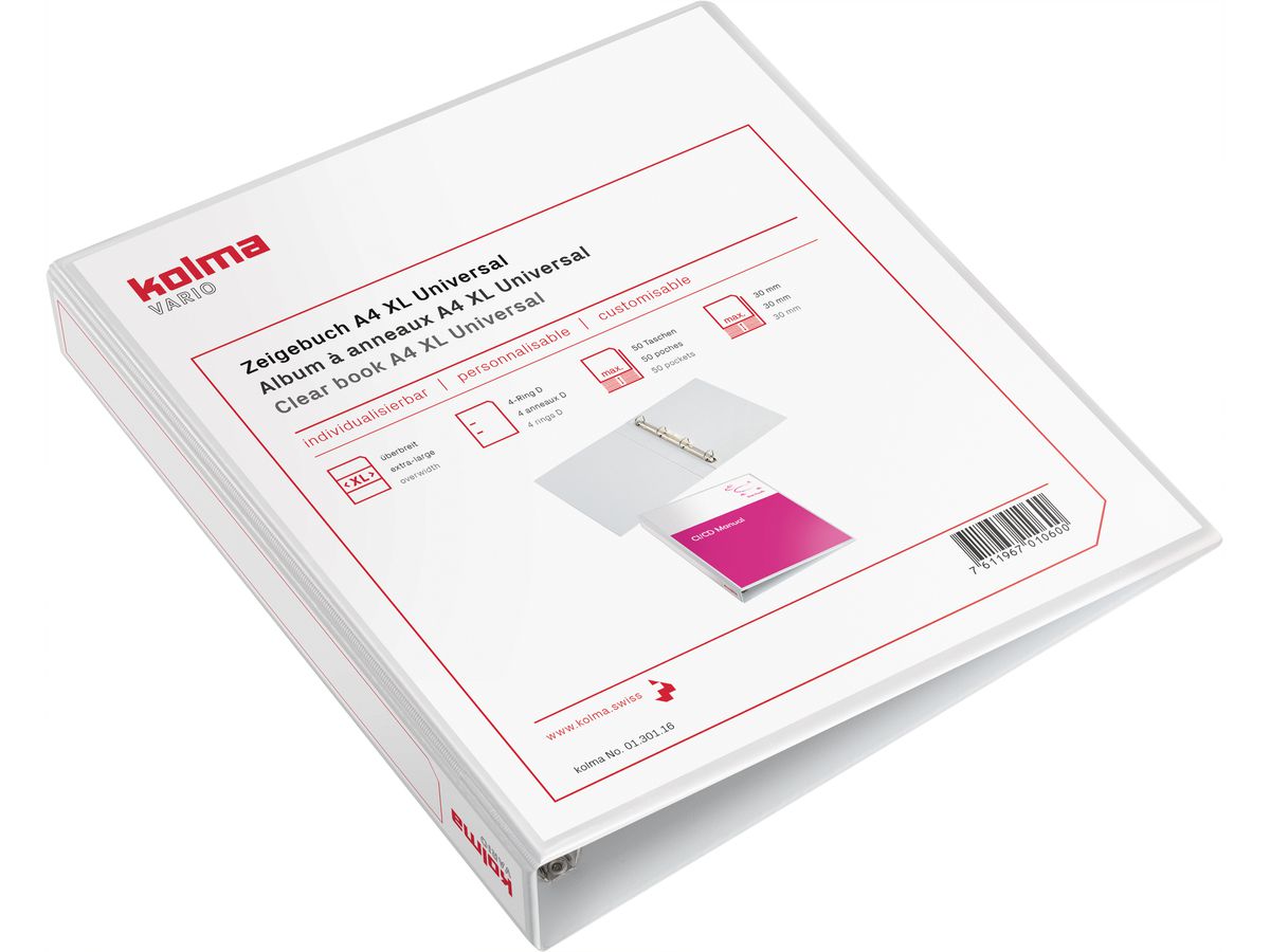 KOLMA Livre prés.Vario XL Univer. A4 01.301.16 blanc, 4-anneaux 30mm (7611967010600)