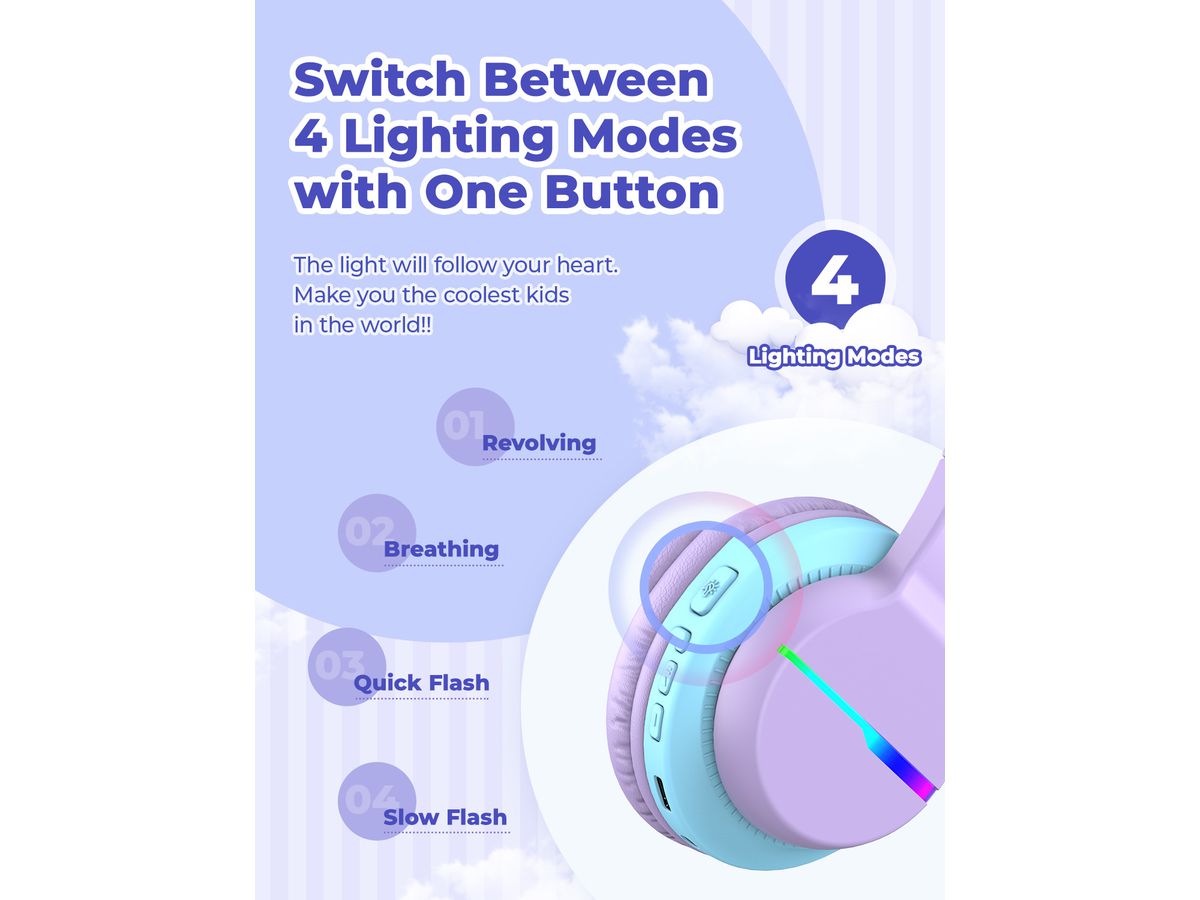 ICLEVER Kids Bluetooth Headphones C03-1702N-33 BTH12, LED, 55h, purple (6934911798395)