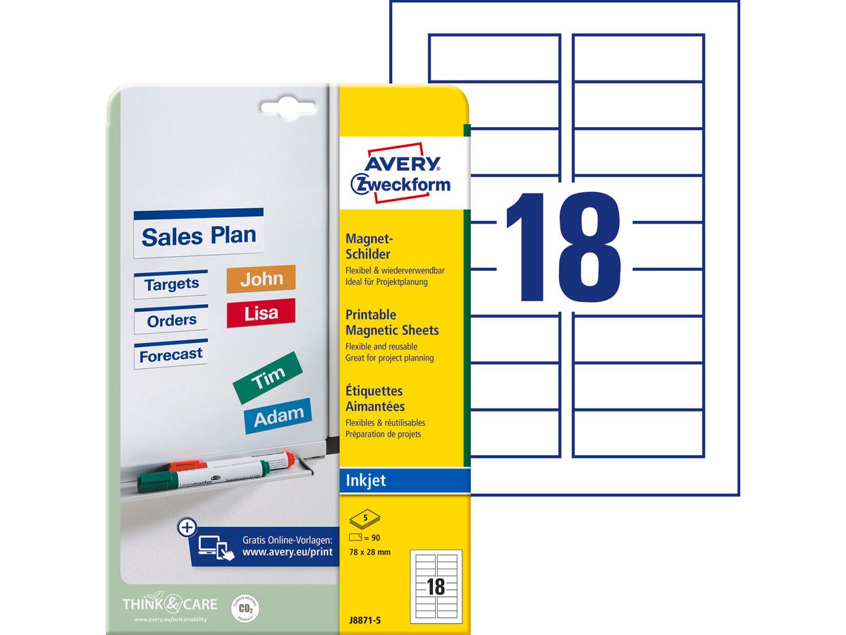 AVERY ZWECKFORM Magnet-Schilder 78x28mm J8871-5 Inkjet 90 Stk./5 Bl. (4004182234372)