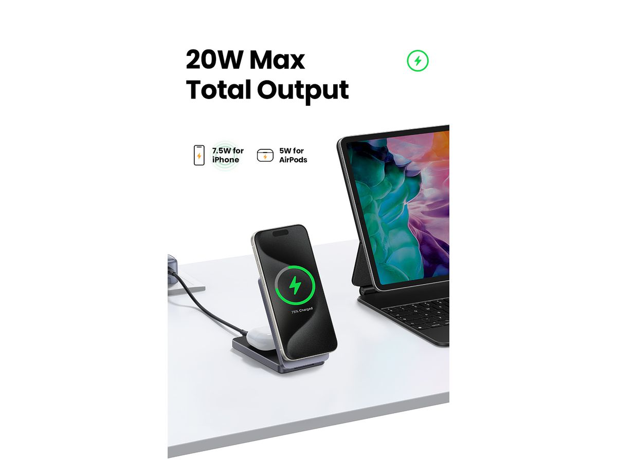 UGREEN Wireless Charger 2in1 ,20W 45056 iPhone, AirPods, Gray (6941876240562)